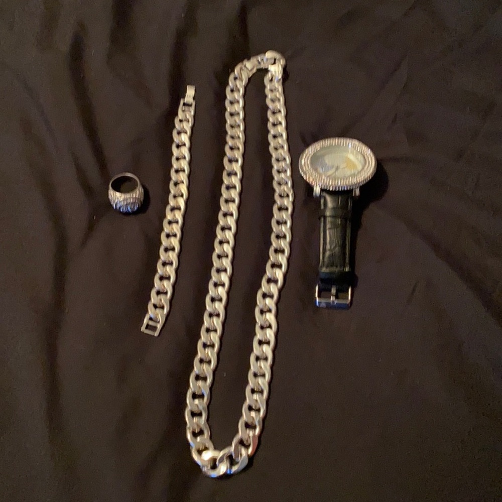 Sliver watch, necklace, bracelet and ring combo